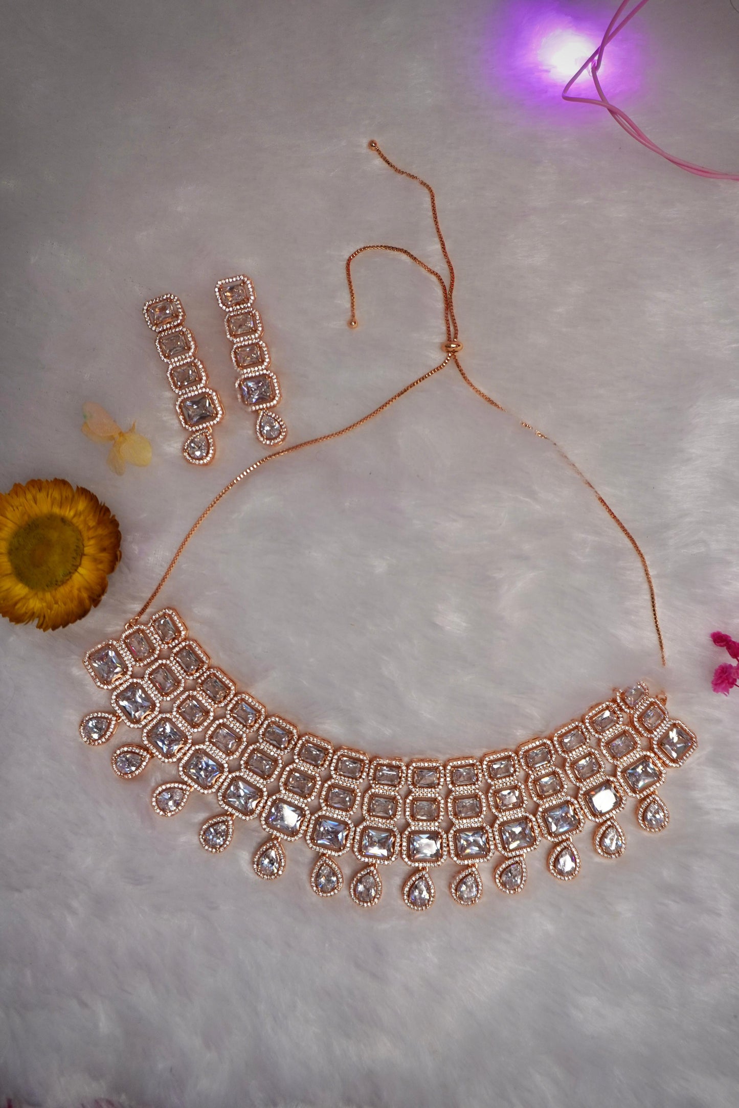 Rose Gold American Diamond Necklace Set ADR006