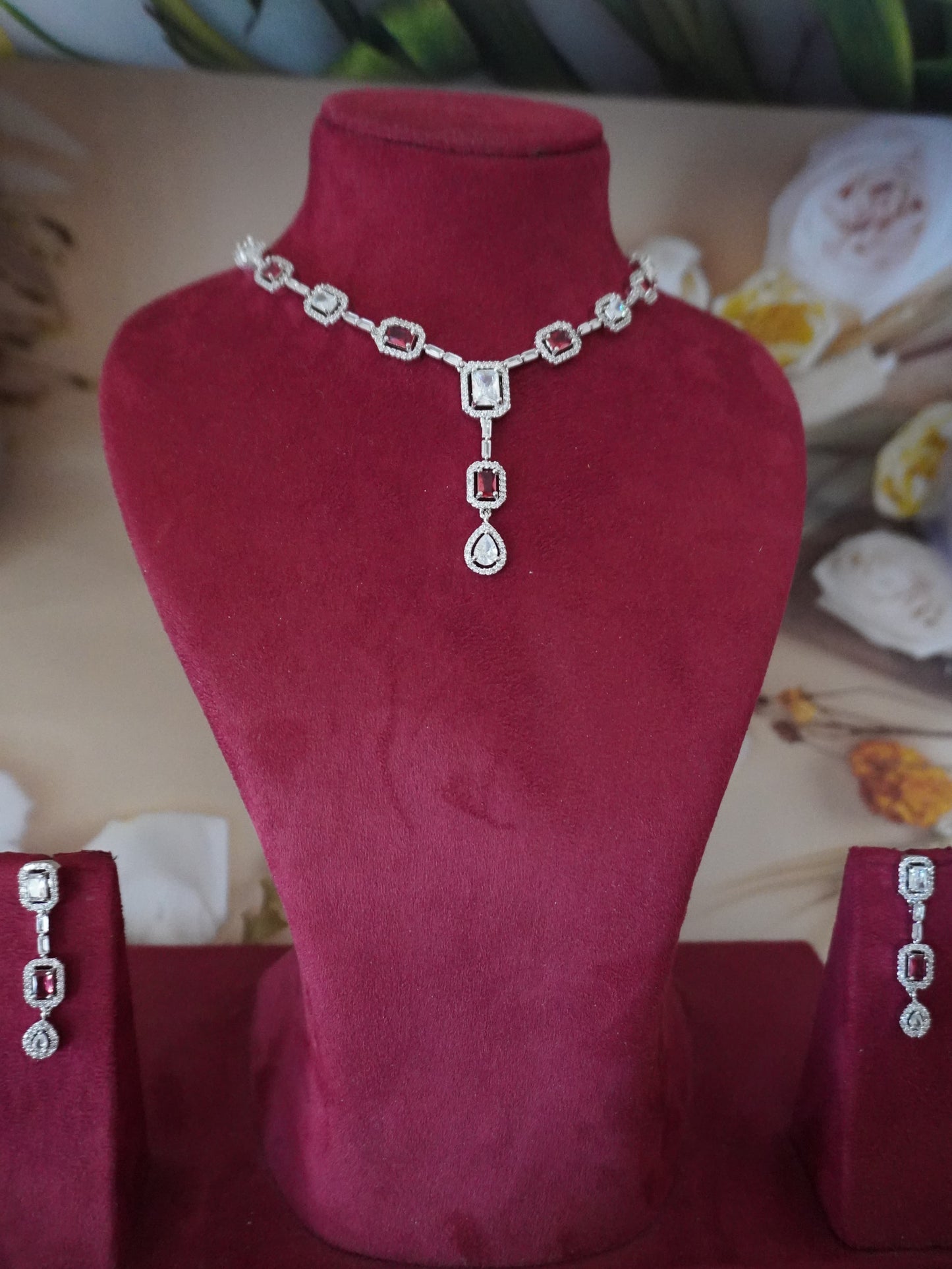 Avantika red American diamond necklace