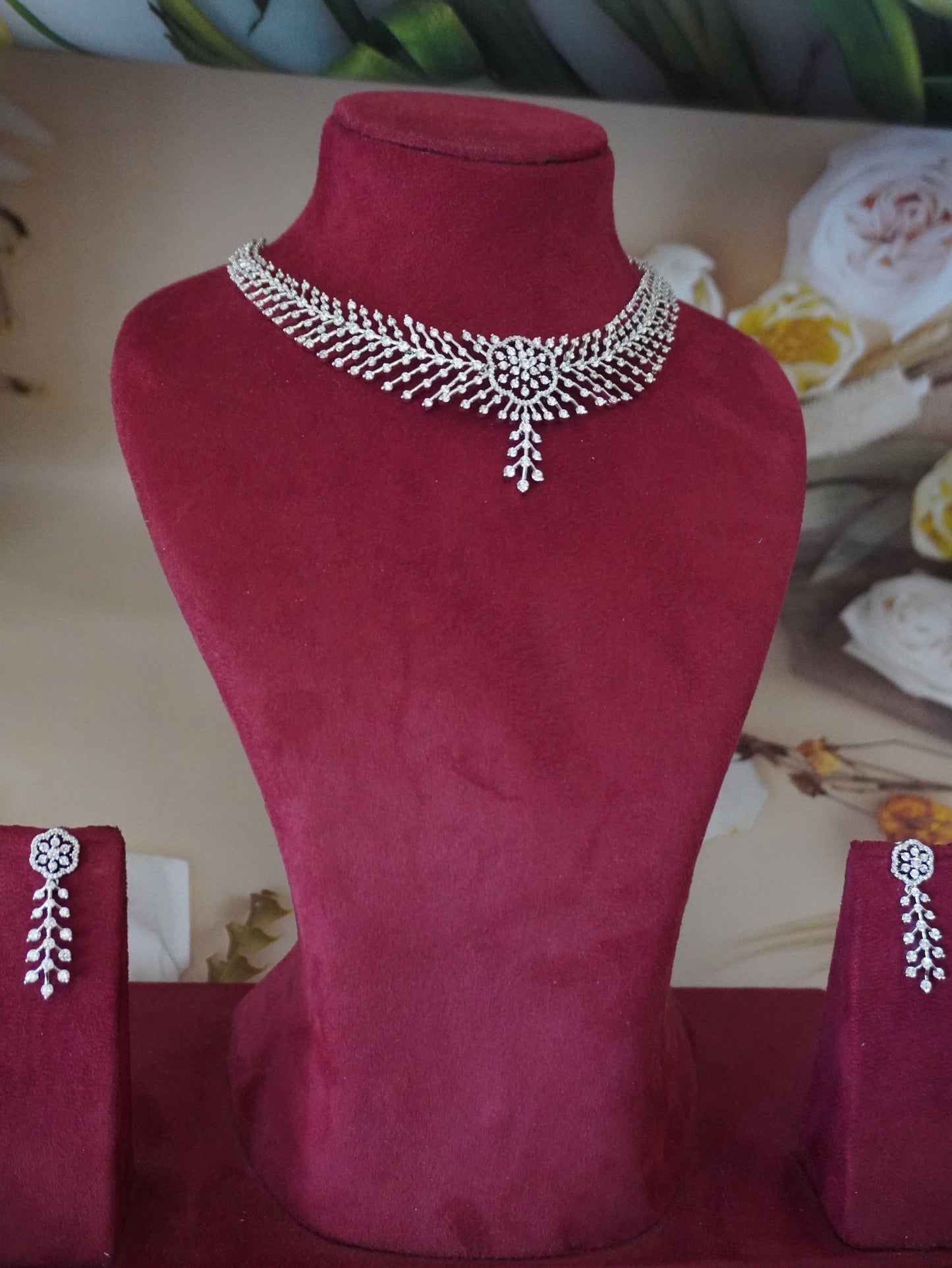 Phool silver American diamond necklace