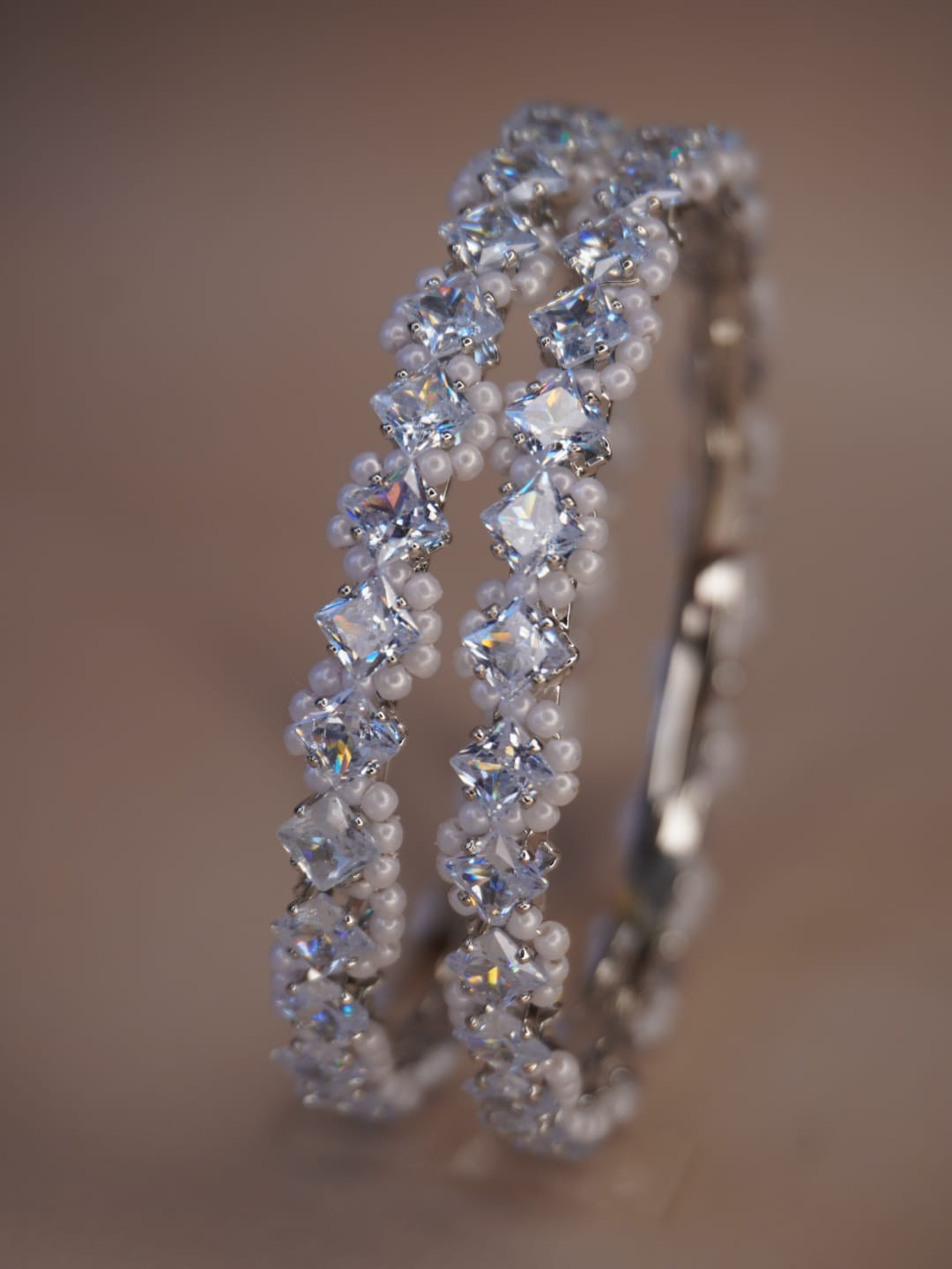 Silver Tone Crystal & Pearl Bangles