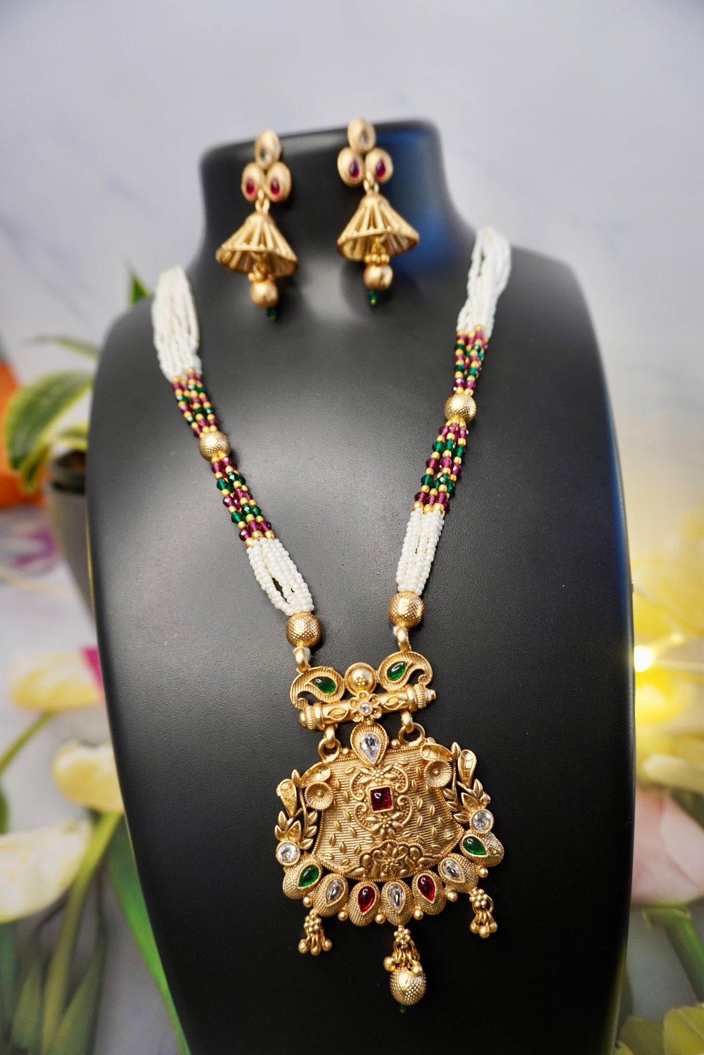 CHARM Antique Kundan Long Necklace & Jhumkas