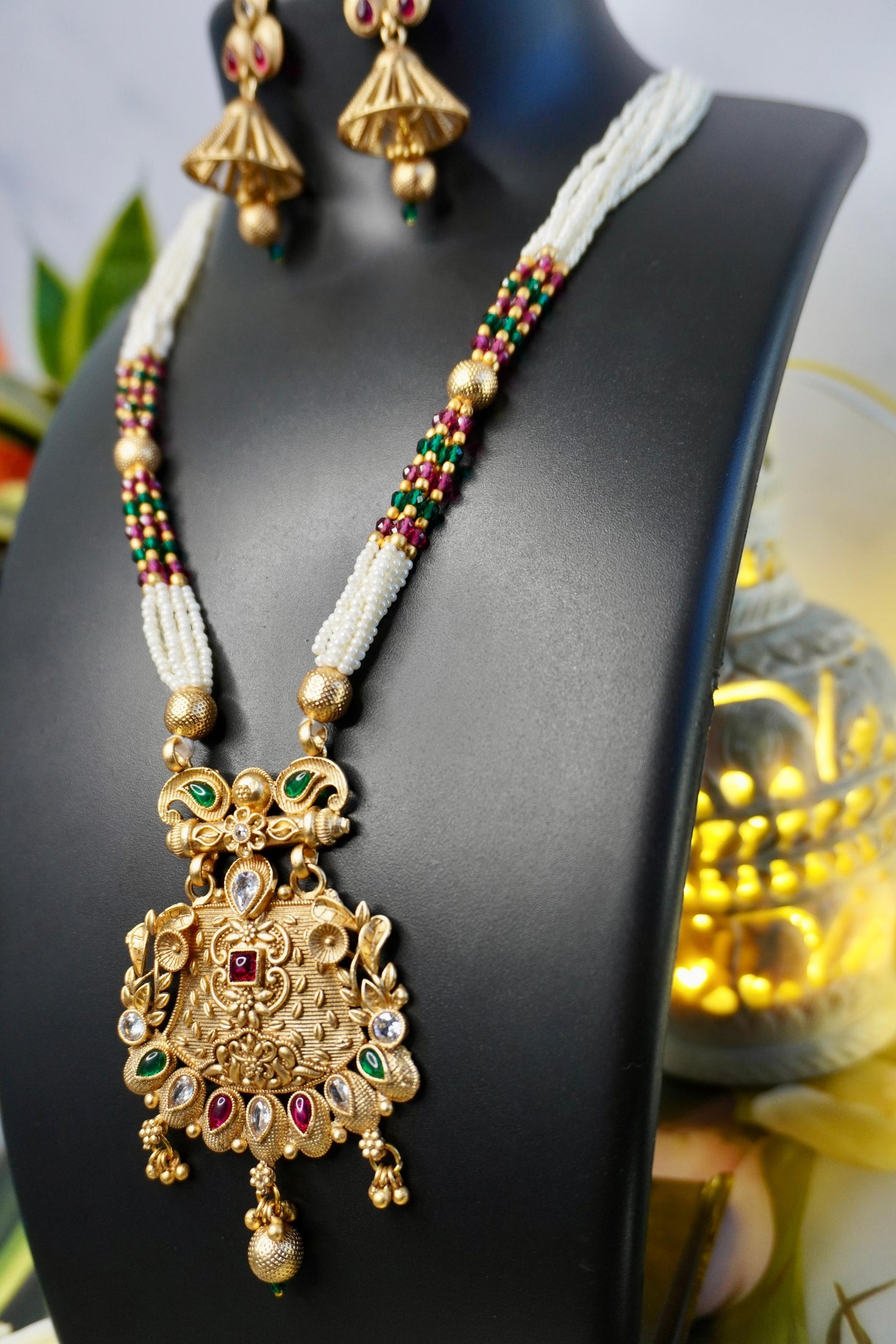CHARM Antique Kundan Long Necklace & Jhumkas