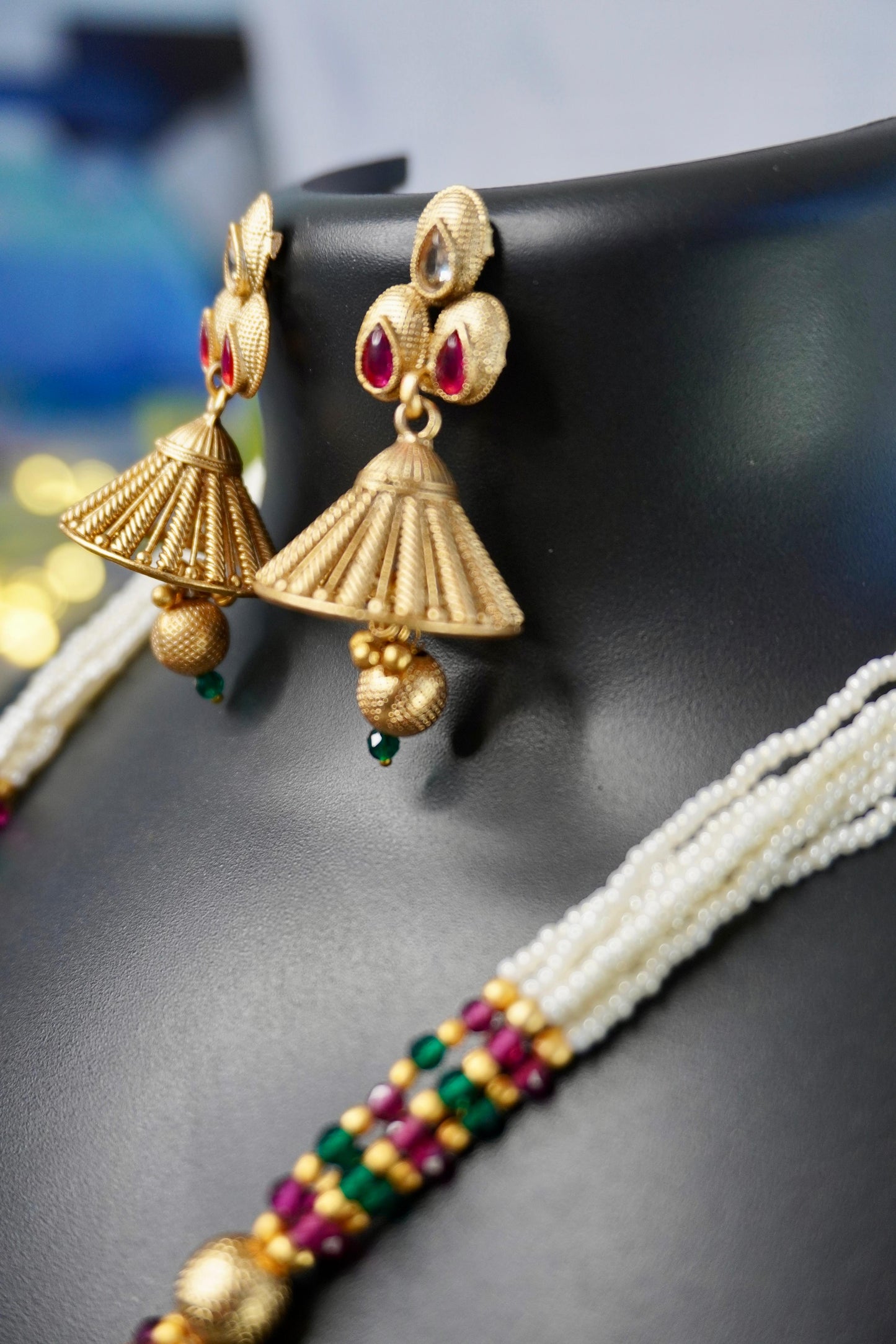 CHARM Antique Kundan Long Necklace & Jhumkas
