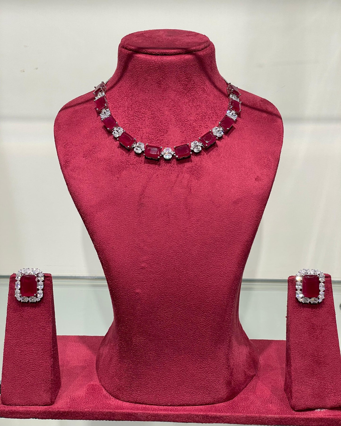 Maroon American Diamond Short Necklace