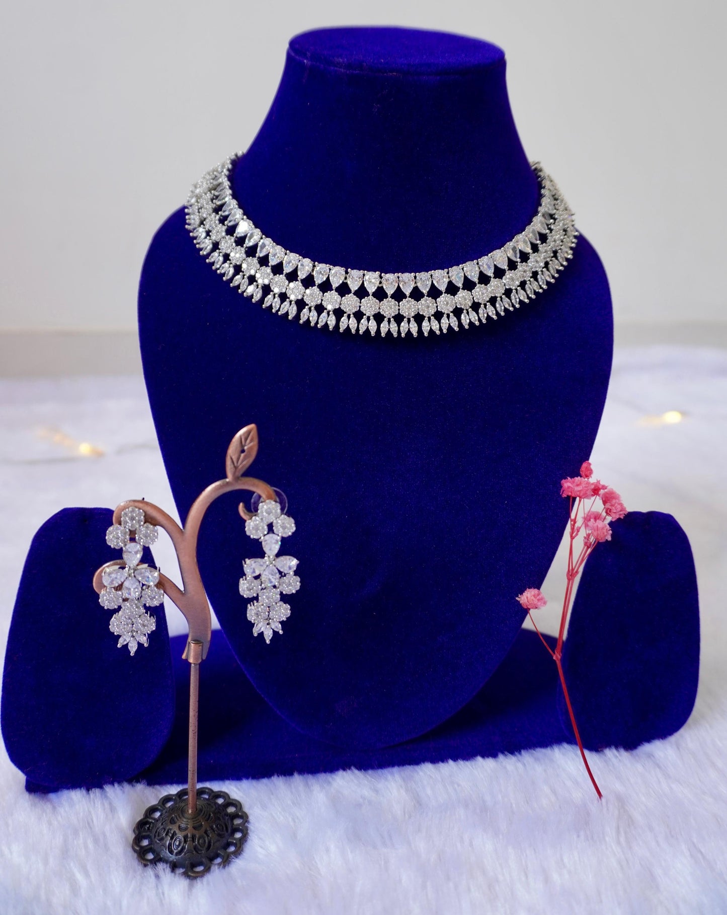 silver ad zircon necklace set