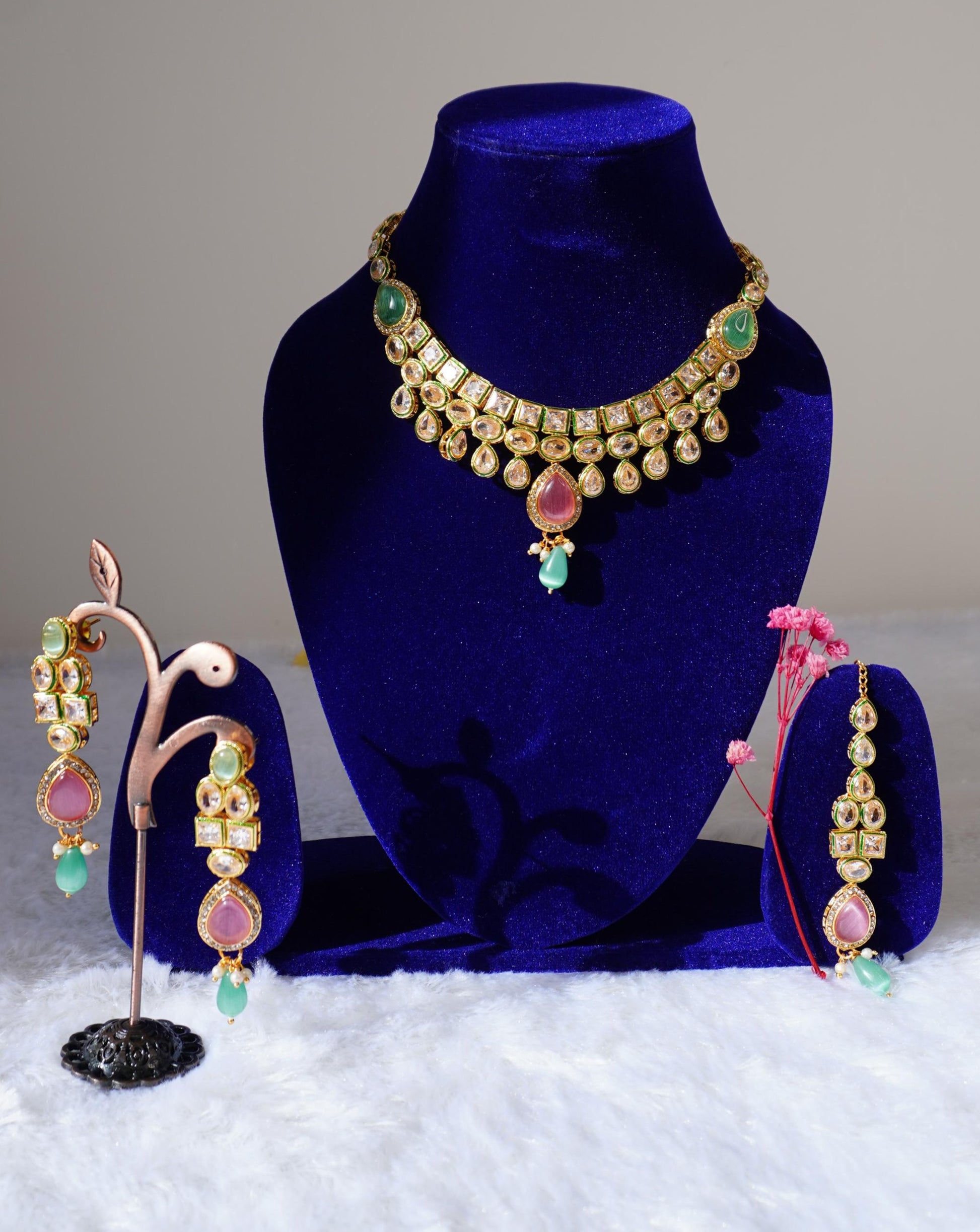 mint pink kundan necklace set