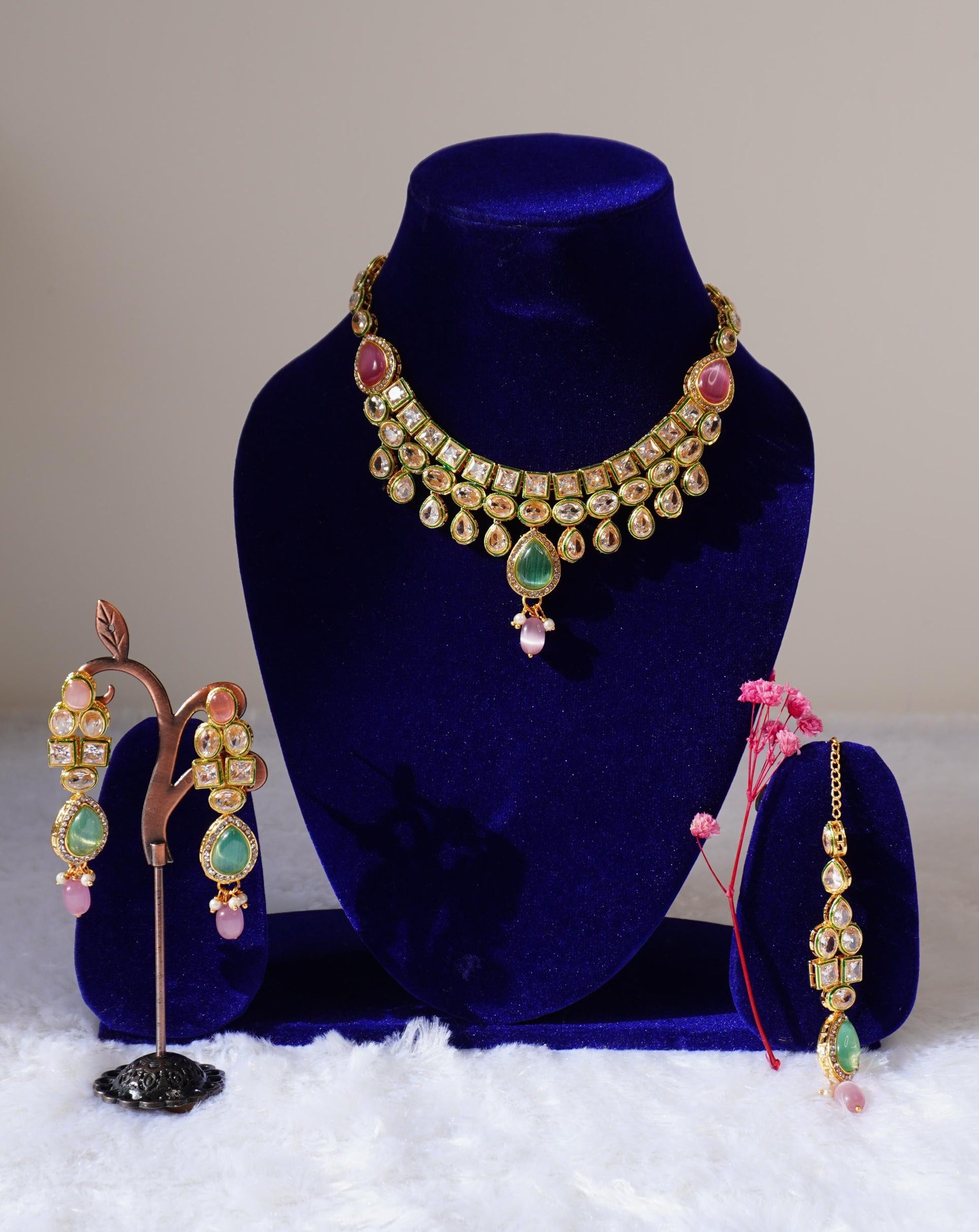 pink mint kundan necklace set