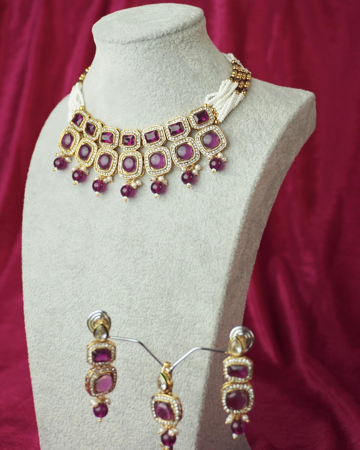 magenta kundan necklace set