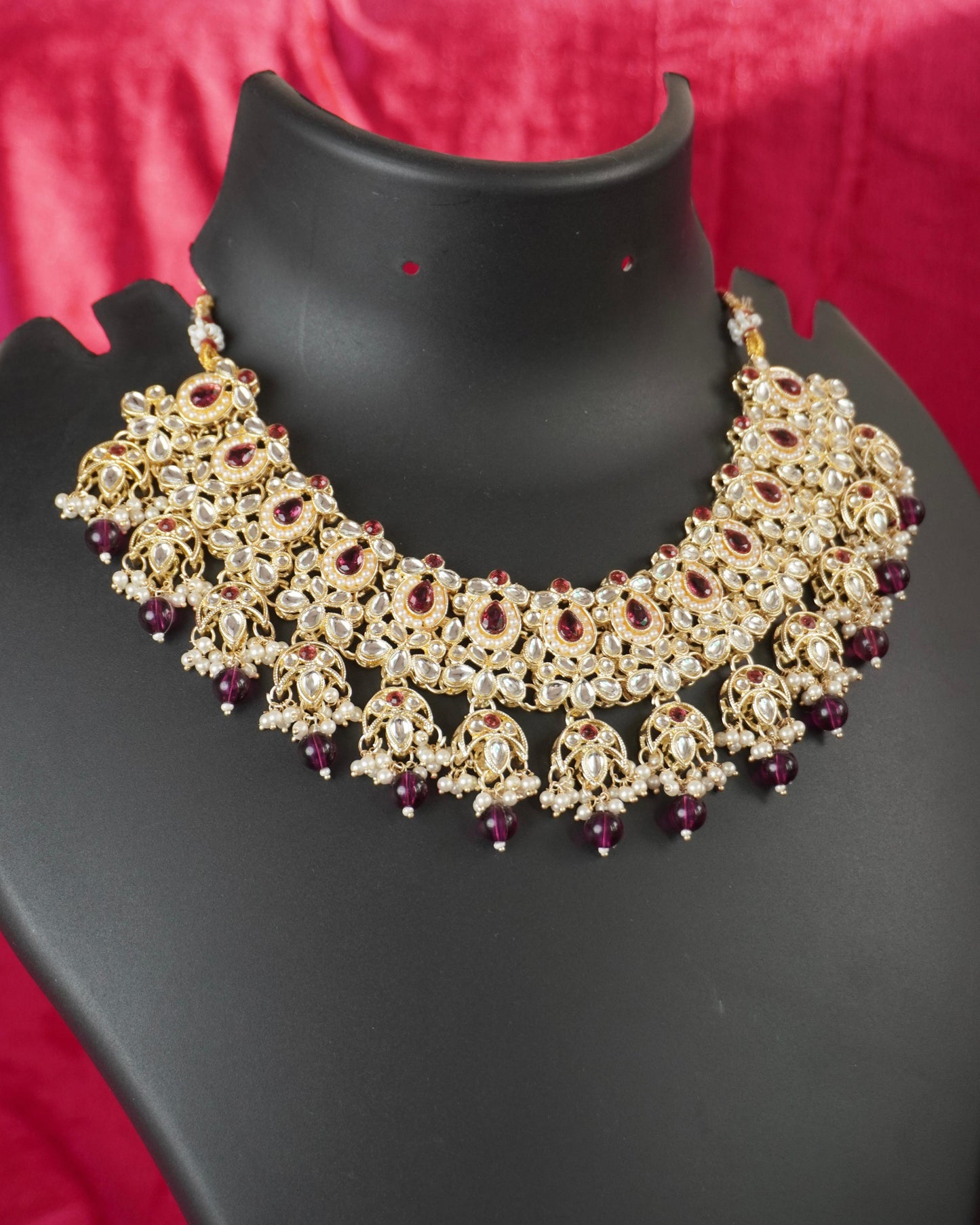 magenta kundan necklace set