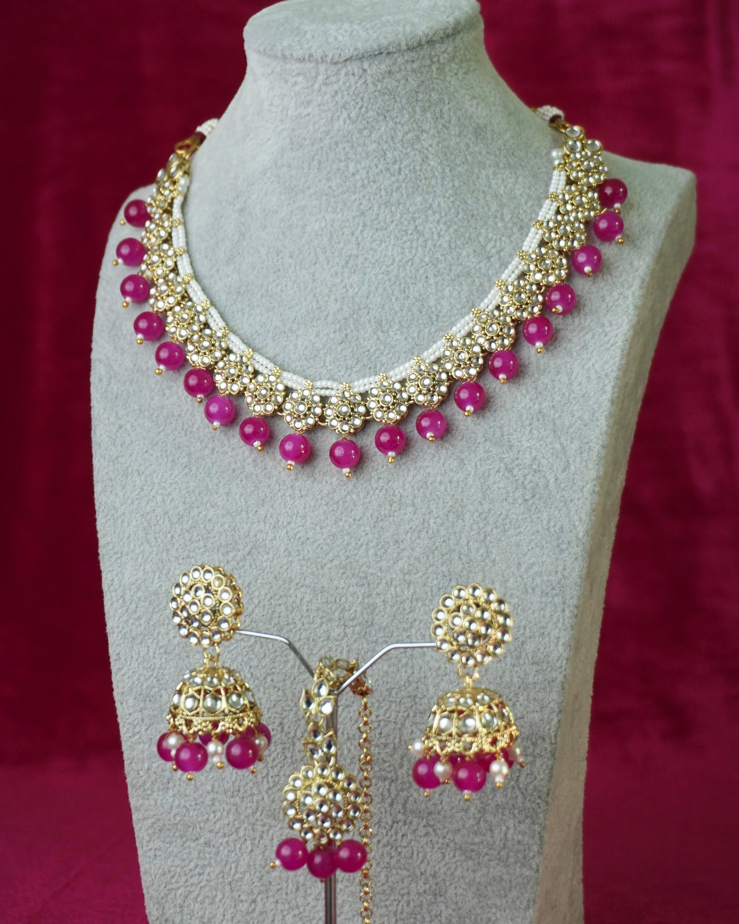 neon pink kundan necklace set